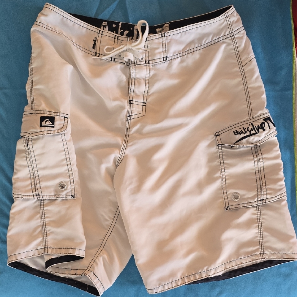 Quiksilver White and Black Logo Accent Board Shorts